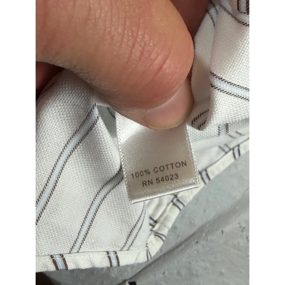 Banana Republic Mens Fitted Striped Dress Shirt White Blue Brown 100% Cotton L